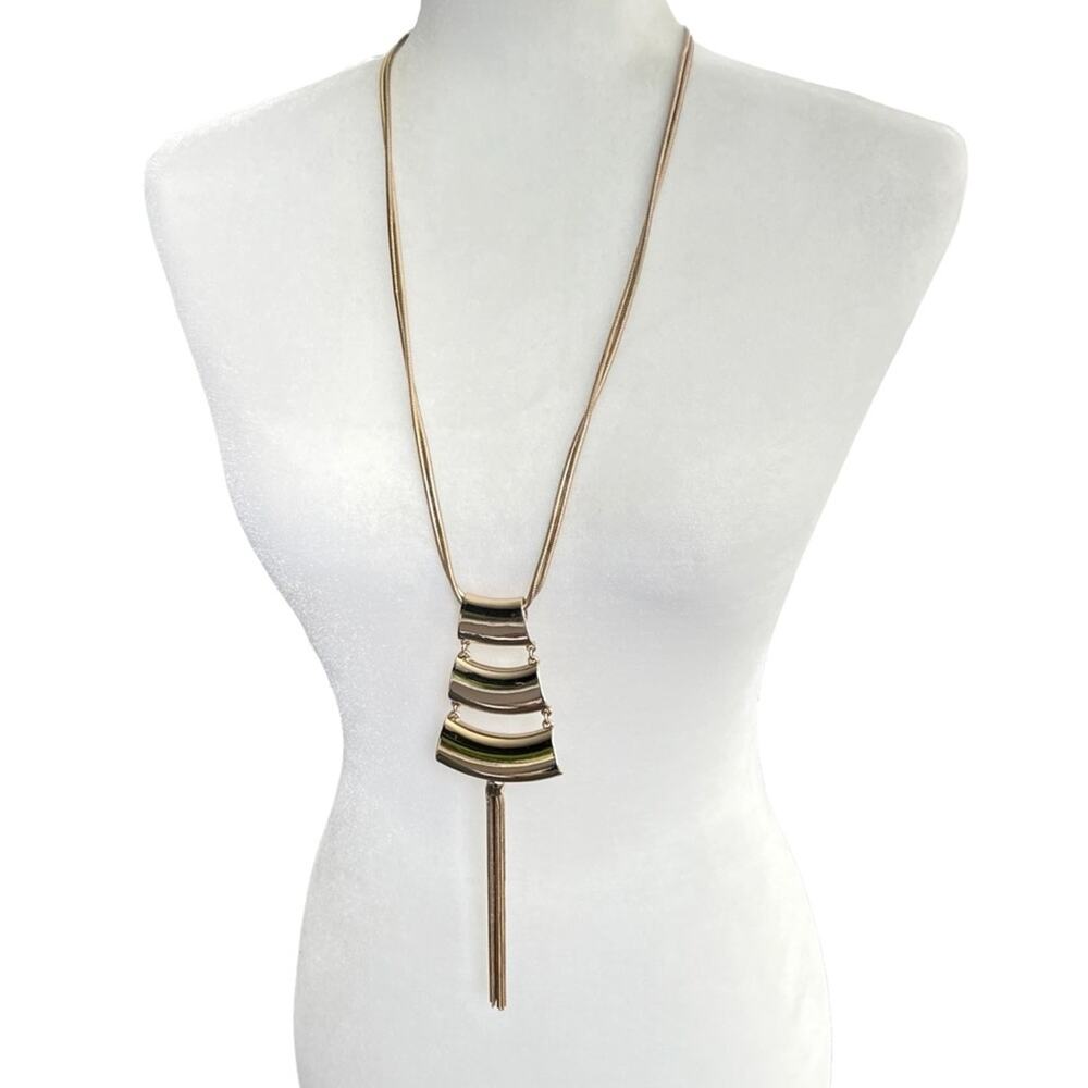 Chicos Kyri Tassel Necklace Gold Tone Statement Long Necklace